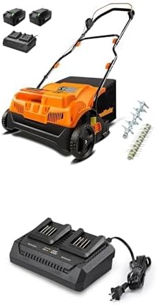 LawnMaster 48V MAX Brushless 16” Cordless Scarifier & Dethatcher with Removable Thatch Collection Bag Quick-Fold – CLGVB4816 + LawnMaster MX24V Dual-Battery Charger – 24LFC15-ETL Bundle