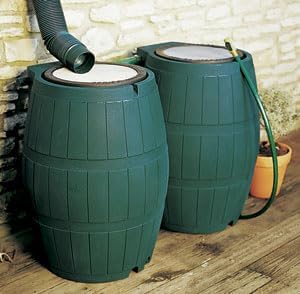 FCMP Outdoor Raincatcher, Flat-Back Rain Barrel with Spigots, 50 Gallon, Green