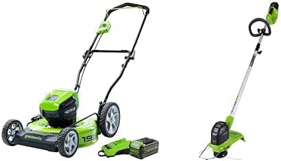 Greenworks 40V 19" Brushless Lawn Mower, String Trimmer, 5.0Ah USB Battery and Charger Included