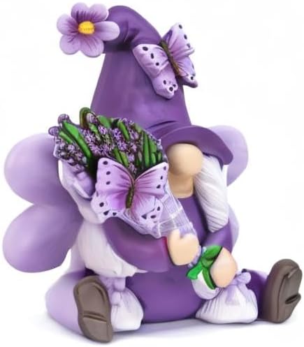 Lavender Gnome Spring Decor, Fairy Garden Gnome with Butterfly & Lavender Bouquet, Resin Gnome Figurine for Home Office Tabletop Tiered Tray Decor, Gnome Gifts for Women Retirement Birthday