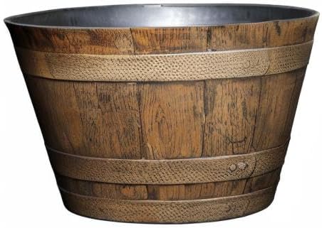 Classic Home & Garden by Growscape Whiskey Barrel Planters, Wooden Finish Flower Planter Pot, Stylish Garden Pots, Indoor Outdoor Resin Planters, Weather-Resistant Plant Pot (20.5" Oak Brown, 1-Pack)