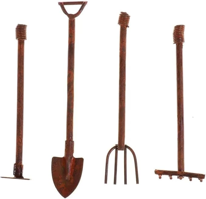 4 Pcs Miniature Dollhouse Garden Tools 1:12 Mini Rusty Shovel Hoe and Pitchfork Fairy Garden Accessories Furniture Ornaments Micro Landscape Decor Garden Sculptures Statues, Decorations