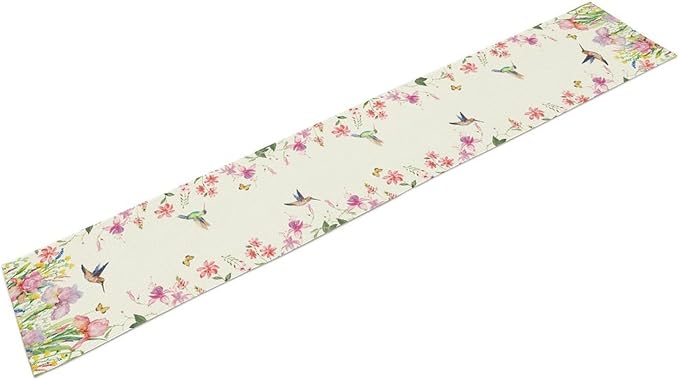 Floral Birds Table Runner, Rustic Boho Wildfloral Watercolor Butterfly Hummingbird Spring Seasonal Coffee Table Center Decor for Family Kitchen and Dining Farmhouse Party Table Decorations, 13"x72"