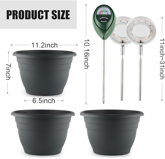 RooTrimmer 2 Pack 11 Inch Plant Pots with LED Grow Light,Full Spectrum Indoor Planter Kit with Soil Moisture Meter & Drainage System,Modern Flower Pots for Home Office Plants