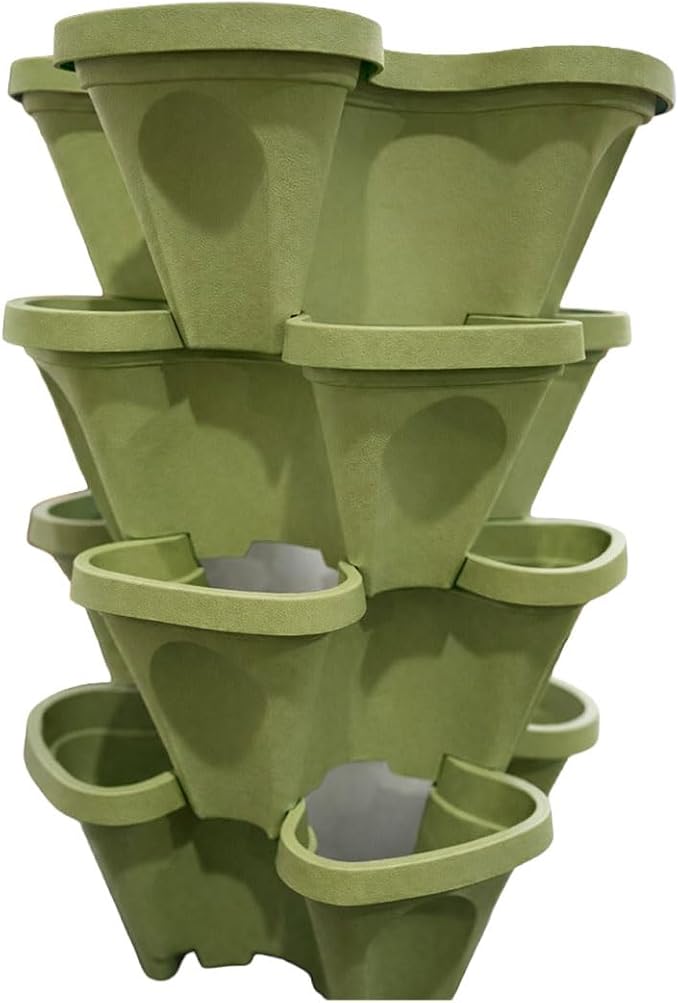 Strawberry Planter Tower, 4 Tier Stackable Vertical Planter, 16 Plant Sites, Space Saving Garden Planter, Indoor Outdoor, Made in USA (4, Sagebrush Green, Small)