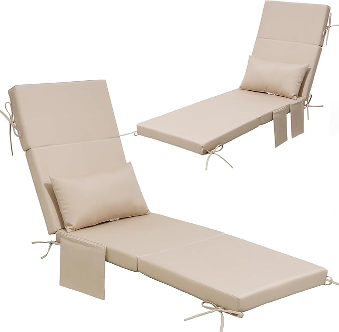 Crestlive Products Foldable Outdoor Chaise Lounge Cushions with Head Pillow and Side Pockets,Water Repellent & Fade Resistant Lounge Chair Cushion, 72" L x 21" W, Beige