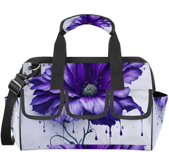 15 Inch Tool Bag 14-Pockets Tool Box Organizer for Men Big Floral Purple Tool Tote Bag Waterproof Toolbox with Shoulder Strap Heavy Duty Garden Tool Organizer for Mechanic