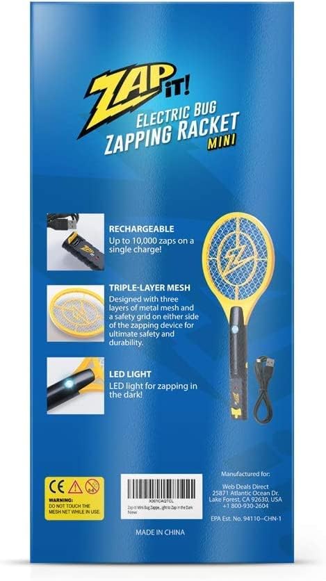 Zap It! Mini Bug Zapper - Rechargeable Mosquito, Bug Zapper Racket - Flies Zappers Indoor - 4,000 Volt - USB Charging, Super-Bright LED Light to Zap in The Dark - Safe to Touch