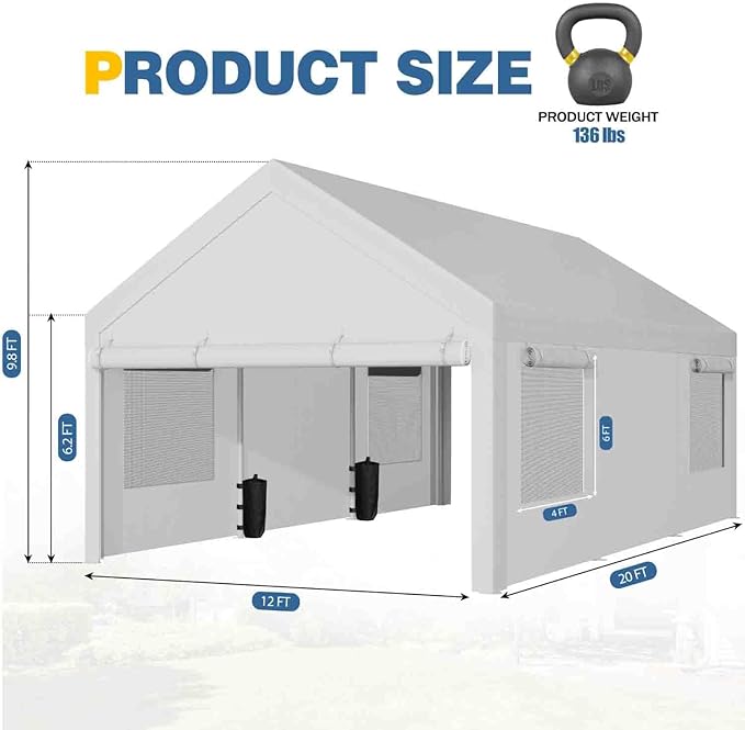 JAMFLY 12x20 ft Carport, Heavy Duty Carport with Roll-up Windows, Portable Garage with Removable Sidewalls & Doors, Car Canopy with Sandbags and All-Season Tarp for Car, Truck, Boat, Motorcycle, White