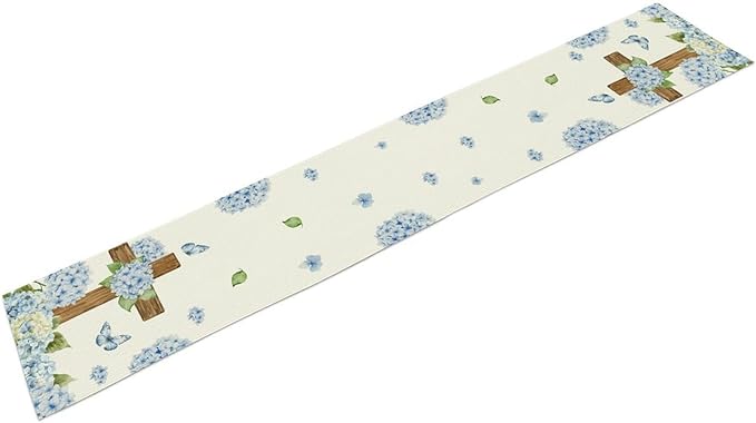 Spring Floral Table Runner, Country Blue Hydrangea Cross Watercolor Spring Summer Seasonal Flower Farmhouse Rustic Table Center Decor for Family Kitchen and Dining Party Table Decorations, 13"x108"
