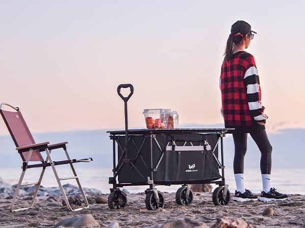 Whitsunday Folding Collapsible Utility Wagon, 400Lbs Heavy Duty Outdoor Park Beach Wagon with Table and Side Pocket for Garden Camping Sports Shopping Grey
