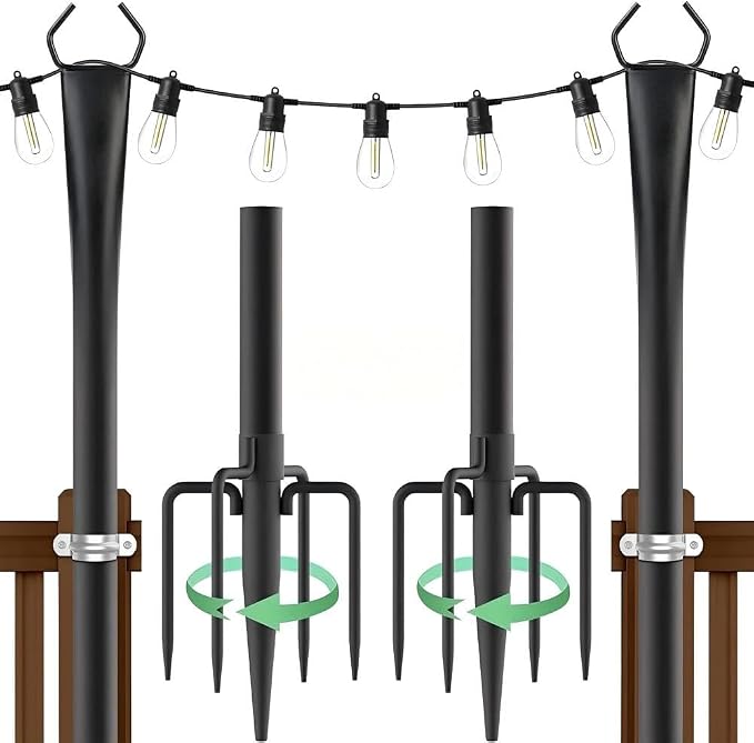 10FT String Light Poles, Heavy Duty Outdoor Light Pole Stand, 5-Prong Reinforced Steel Base, Anti-Rust, for Patio Garden Deck, Support Bistro & Edison Bulb Lights (4 Pack)