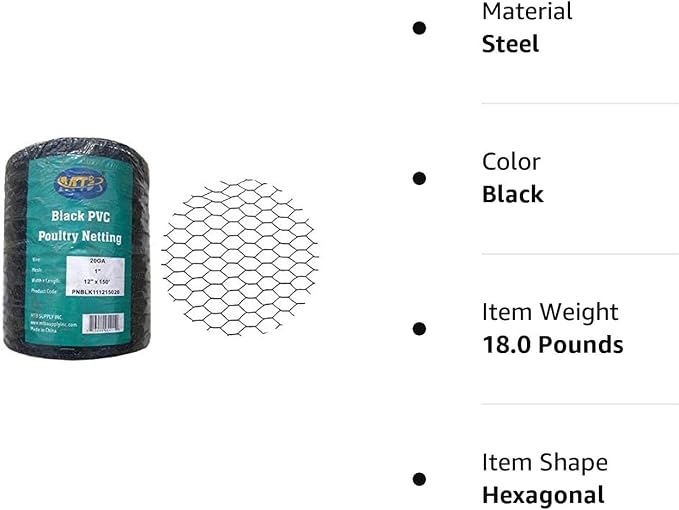 PVC Hexagonal Poultry Netting Chicken Wire 12" x150' x 1" Mesh 20GA Black