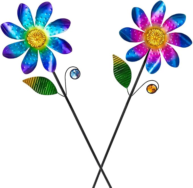 Viveta 2 Pack Flower Wind Spinners, Metal Wind Sculptures & Pinwheels for Garden, Kinetic Windmill for Yard Lawn Patio Decor(Blue and Pink)