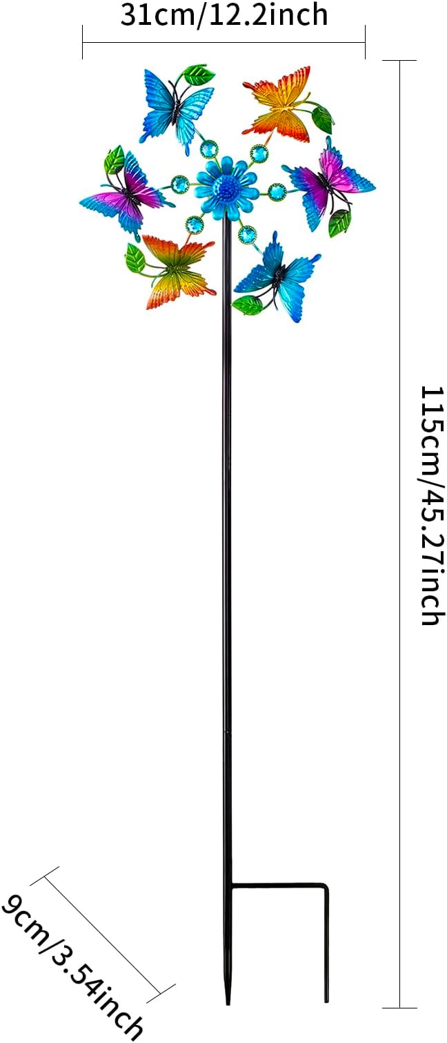44" Butterfly Wind Spinners Garden Whirligigs, Flower Butterfly Wind Sculpture Yard Art Decorations for Lawn, Patio & Yard & Garden Decor, Metal Wind Spinners Outdoor Decor