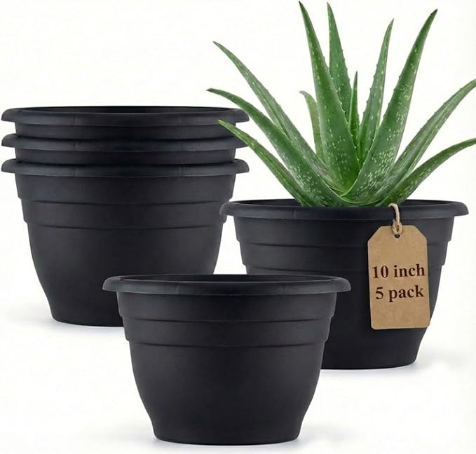 RooTrimmer 5 Pack 10 Inch Plant Pots Plastic Planters with Drainage Holes & Plugs,Lightweight Flower Pots for Indoor Outdoor Plants,Flowers,Monstera,Snake Plant,Home Garden(Black)