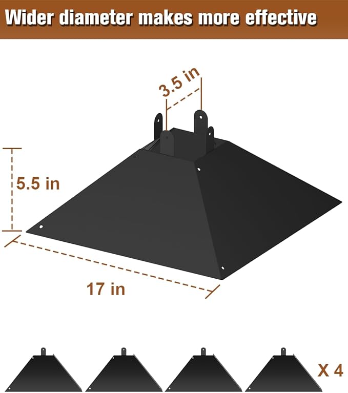Metal Squirrel Baffle for 4x4 Post, 17 Inch Squirrel Proof Baffles for Bird Feeder Poles, Outdoor Squirrel Guard for Wooden Pole to Deter Squirrels and Raccoons from Bird Houses, 2 Pack
