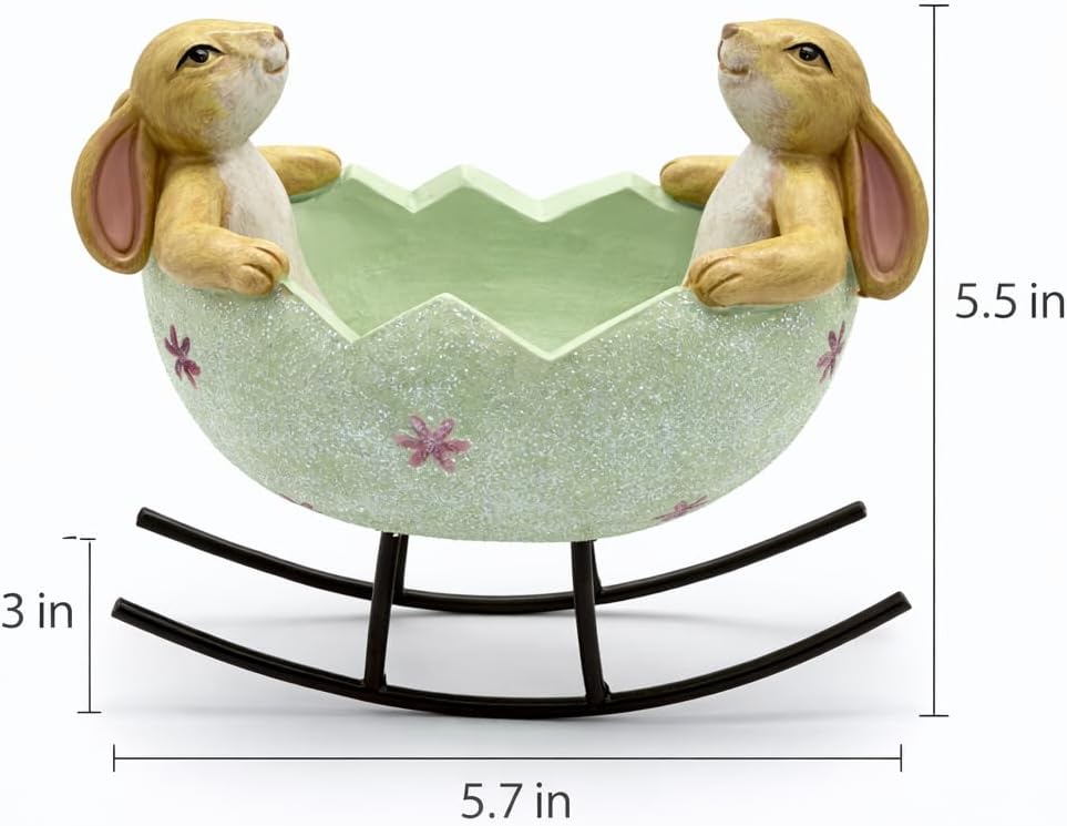 GoGnome Easter Bunny Bowl Figurine with Rocking Stand – 5.7‘’ Hand-Painted Resin Rabbit Egg Holder Spring Table Centerpiece Farmhouse Home Décor (Mint Green)