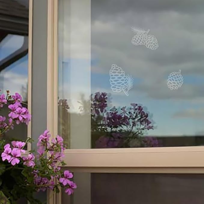 WindowAlert Pinecone Large Starter Pack - Bird Strike Prevention Decals (12 Envelopes) with UV Tester Flashlight & Application Squeegee - Made in USA
