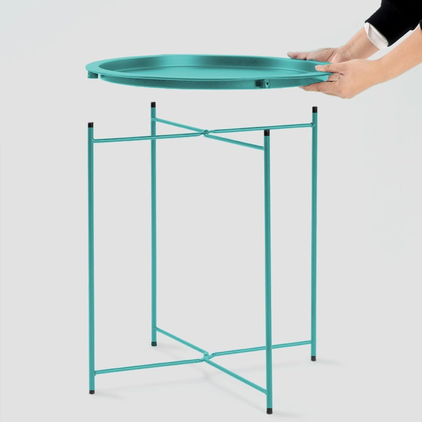 Garden 4 you End Table Metal Side Table Green Round Folding Tray Cyan Sofa Small Accent Fold-able Table, Round End Table Tray, Next to Sofa Table, Snack Table for Living Room and Bed Room