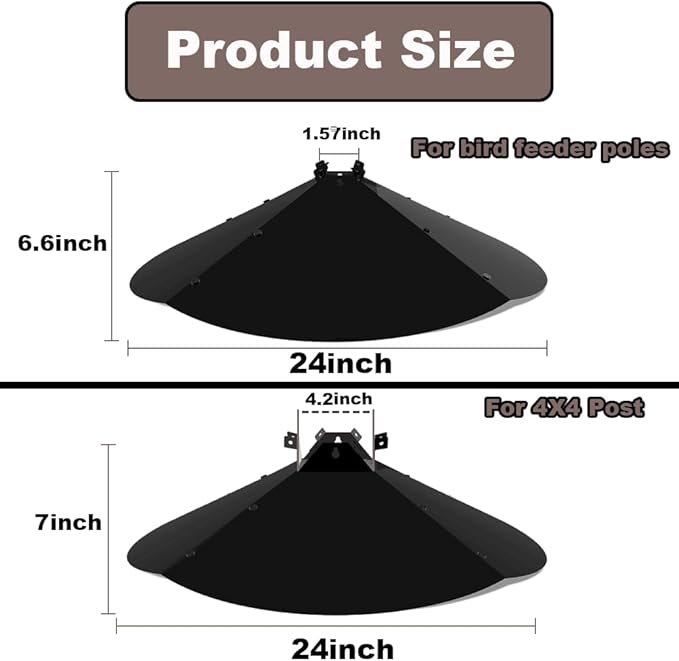 24 Inch Metal Squirrel Baffle,Adjustable Opening Size, for Up to 4x4 Wide Wooden Post,Squirrel Baffle for Bird Feeders Without Removing Bird Feeder Poles Or Shepherd's Hooks.Deep Black 1Pack