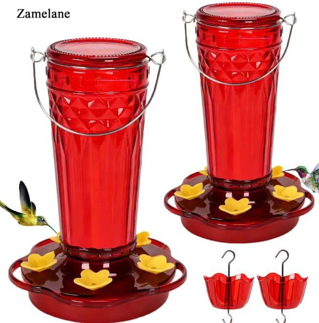 Zamelane Glass Hummingbird feeders for Outdoors 2pack-14Ounces,5 Feeding Ports Hummingbird Feeder,Wide Mouth for Easy Filling/Cleaning,Hanging for Garden Backyard Decor, Includes Ant Moat (Red,2Pack)