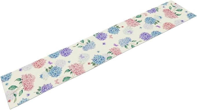 Pink Hydrangea Table Runner, Rustic Spring Floral Watercolor Butterfly Summer Seasonal Boho Flower Coffee Table Center Decor for Family Kitchen and Dining Party Farmhouse Table Decorations, 13"x90"