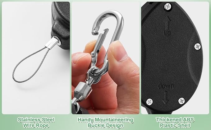 Heavy Duty Retractable Plant Hangers, Adjustable Pull-Down Pulleys with 63" Stainless Steel Rope, Double Hooks for Hanging Plants, Bird Feeders, Planters & Pots, Indoor & Outdoor Use (3Pcs- Black)