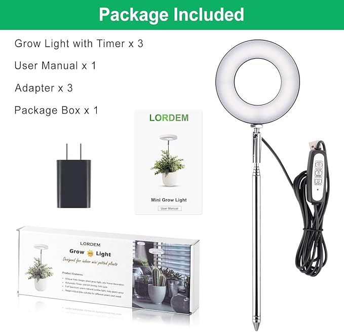 LORDEM Grow Light, Full Spectrum LED Plant Light for Indoor Plants, Height Adjustable Growing Lamp with Auto On/Off Timer, 4 Dimmable Brightness, Ideal for Small Plants, 3 Packs of Black