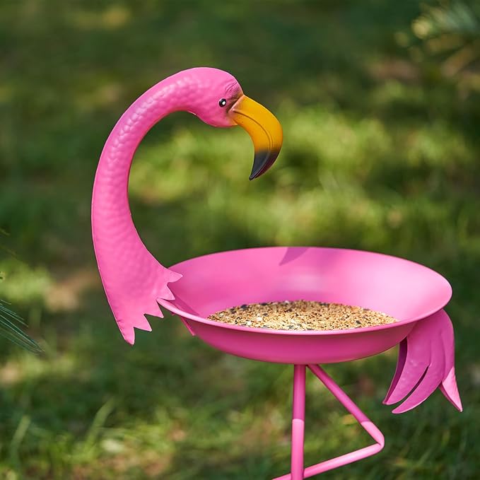12.6" W*39.4" H Flamingo Bird Baths for Outdoor, Metal Bird Bath Bowl, Bird Feeder or Drinker Plate with Metal Stake, Home Garden Lawn Yard Decor