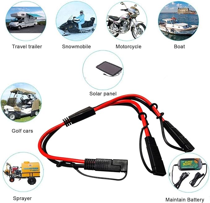 10AWG SAE Splitter Cable SAE DC Power Automotive Connector Cable SAE Y Splitter 1 to 2 Extension Cable for Solar Battery Connection and Transfer - with Waterproof Cap 40cm/1.3ft