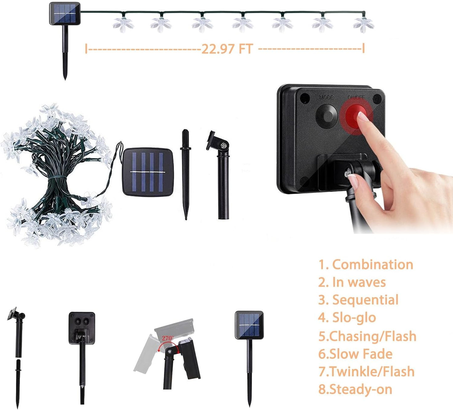 Flower Solar String Lights, 50 LED Outdoor Patio Lights Waterproof, Fairy Lights for Outside Patio Garden Fence Yard Christmas Tree Decor