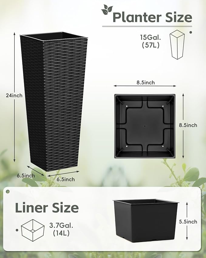 24 Inch Tall Plastic Planters (Set of 2), Detachable Inner Pot & Drainage Holes, Outdoor Decorative Flower Pots for Large Plants, Trees, Patio, and Garden, Black