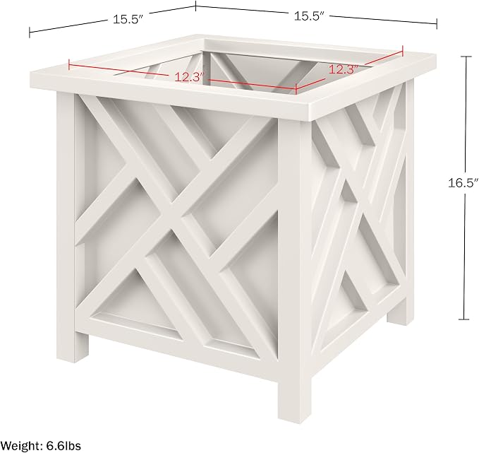 Lattice Design Outdoor Planter Box 2-Pack - 15.5” Square 16.5” Tall White Decorative Plant Pots for Front Porch Decor - Flower Pots Outdoor Planters for Porch Patio or Garden Decor by Pure Garden