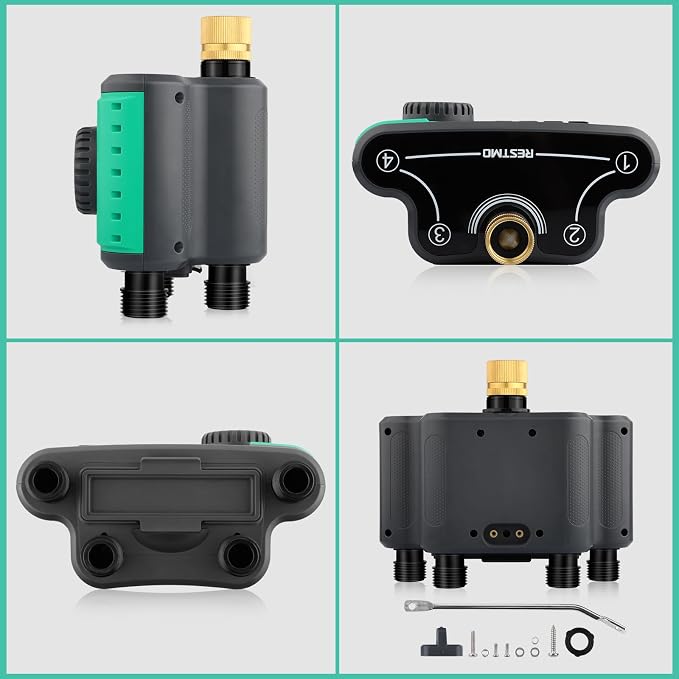 RESTMO 4-Outlet Sprinkler Timer with Brass Inlet, 4 Zone Programmable Water Timer for Garden Hose, Automatic Digital Control | Manual ON/Off | Rain Delay, for Outdoor Faucet, Drip Irrigation and Lawn