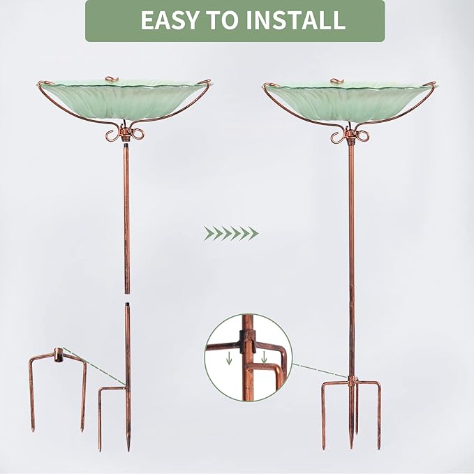 MUMTOP 26 Inch Height Glass Birdbath Birdfeeder with Metal Stake Garden Outdoor Green