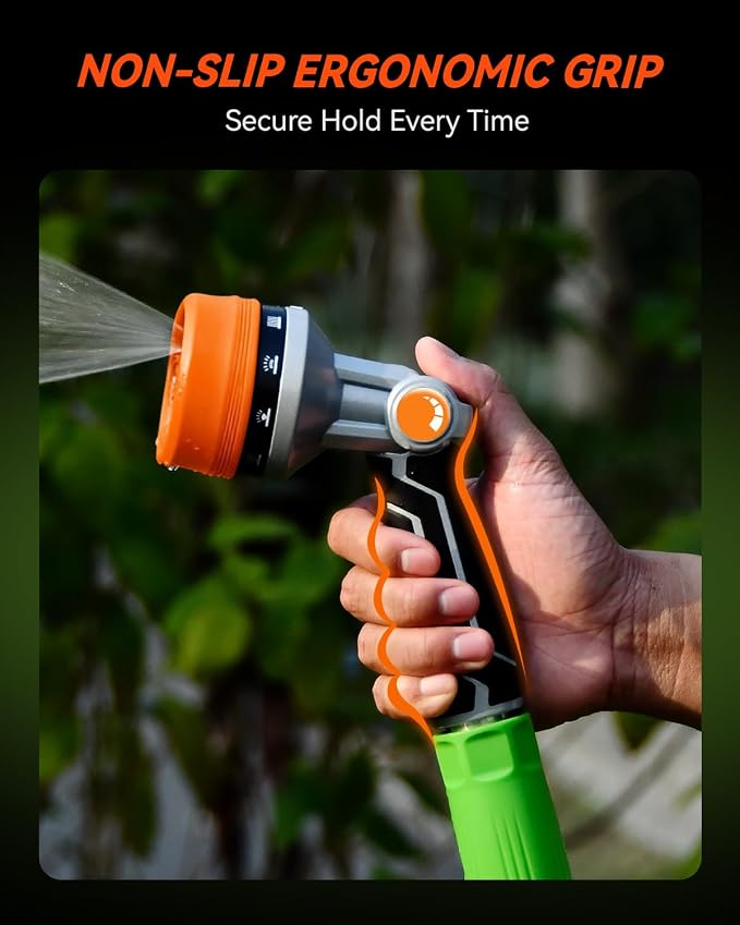 RAINPOINT Full-Metal Garden Hose Nozzle, Heavy Duty Water Hose Nozzle Sprayer With 10 Adjustable Patterns & High Flow,Thumb Control For Flow Adjustment, Ideal For Watering, Washing, Cleaning,Orange