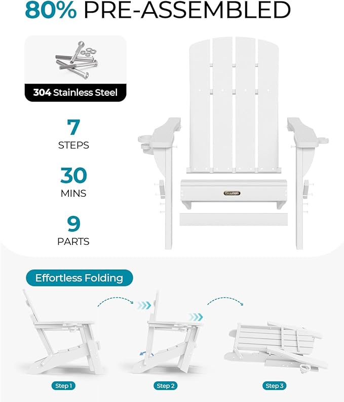 Folding Adirondack Chair, HDPE All-Weather Fire Pit Chairs, Plastic Adirondack Chairs with 2 Cup Holder, Outdoor Lawn Chair for Patio Garden (White)