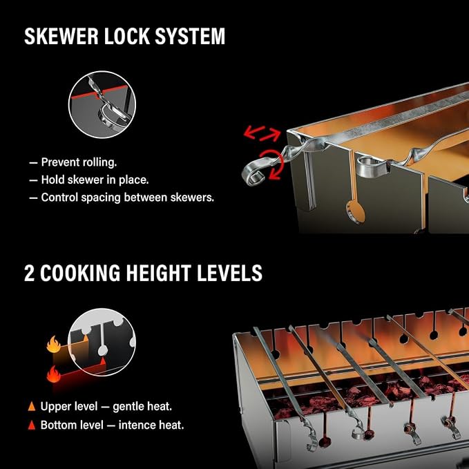 Stainless Steel Charcoal Grill, Portable Foldable Kabob Mangal, Heavy-Duty Rustproof BBQ, 24.80x9.45x25.2 Inch, for Outdoor Use, 12 Skewer Capacity