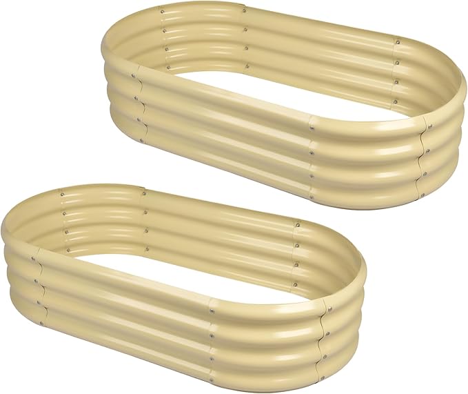 Land Guard 2Pcs Galvanized Raised Garden Bed Kit, 10×4×1ft Galvanized Planter Raised Garden Boxes Outdoor, Oval Large Metal Raised Garden Beds for Vegetables (Cream Yellow)