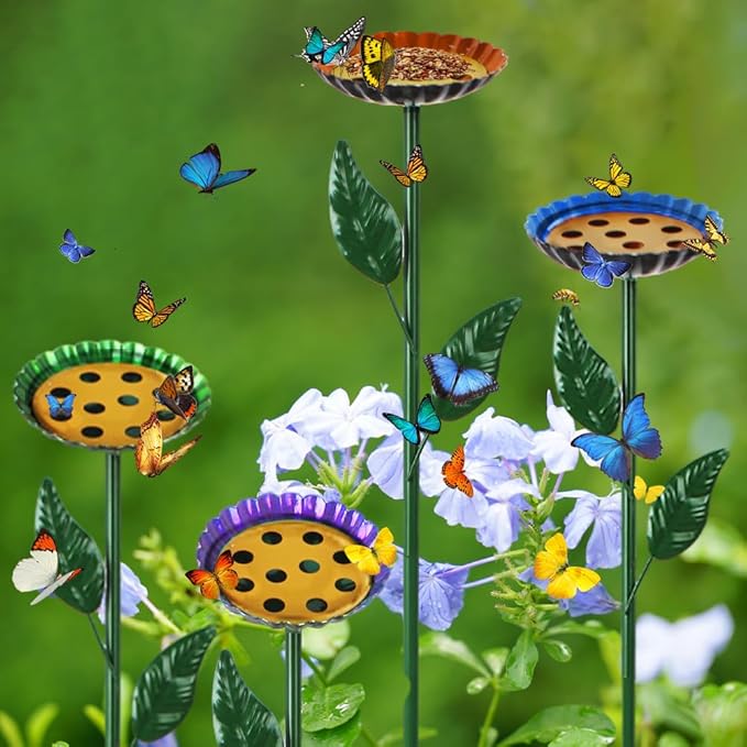 DREAMSOUL 4 Pack Bird Bath with Bee Feeder, Metal Colorful Bee Watering Station Bird Bath for Outside Yard Decor