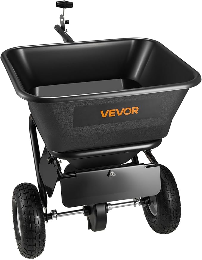 VEVOR Tow-Behind Spreader, 9.8 ft Spreading Width, Broadcast Spreader with 10" All-Terrain Tires, 85 lbs Capacity Hopper, Adjustable Flow Control, Lawn Spreaders for Seed Fertilizer Ice Melt