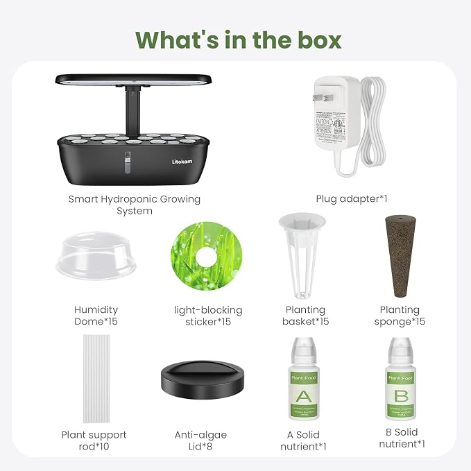 litokam Hydroponics Growing System Kit, 15 Pods Indoor Herb Garden with Smart APP & Quiet Pump, 24W LED Light, Auto Timer, Perfect Indoor Garden for Herbs, Vegetables & Flowers, Ideal for Plant Lovers