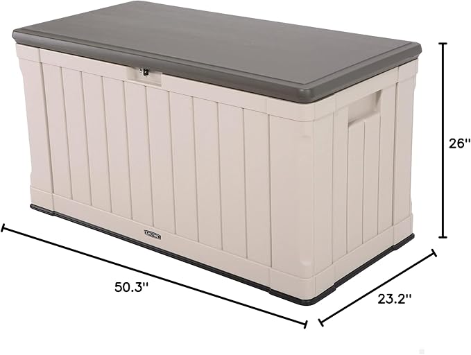 Lifetime 60186 Heavy-Duty Outdoor Storage Deck Box, 116 Gallon, Desert Sand/Brown & 60372U Outdoor Storage Cube Deck Box for Patio Furniture Cushions, Toys, Garden Tools, Pool Accessories, Gray