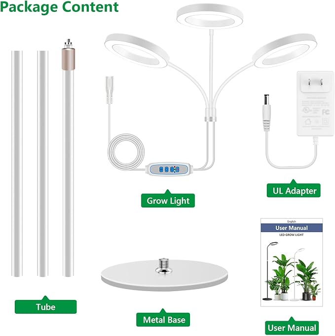 Aumtrly Grow Lights for Indoor Plants, 3 Head Full Spectrum Plant Light with 68" Adjustable Stand for Growing Large Tall Plants, White Halo Floor LED Grow Lamp with 16 Hour Timer