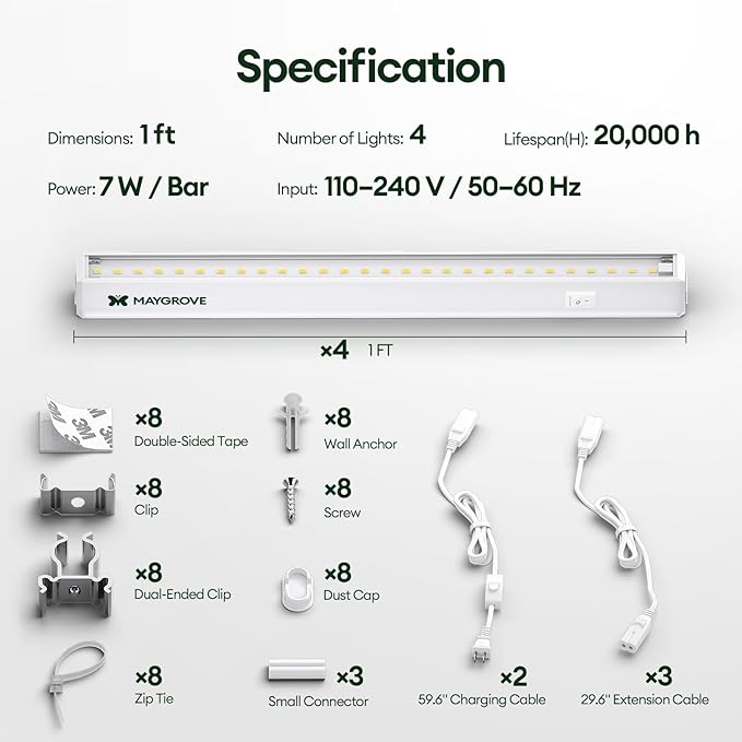 Maygrove T5 Grow Lights for Indoor Plants 1FT, Sun-Like Full Spectrum 5000K Grow Light, 28W(4 x 7W), Grow Light Strips for Seed Starting, Greenhouse, High PPFD, Linkabe, White, 4-Pack