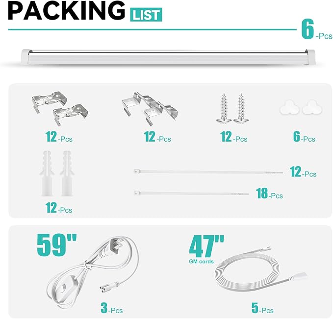 JESLED Plant Grow Lights, 4FT 5000K Full Spectrum Daylight White, 288W(6 X 48W,1800W Equivalent), Linkable Grow Light Strips for Indoor Plants, Seed Starting, Greenhouse, Growing Shelf, 6-Pack