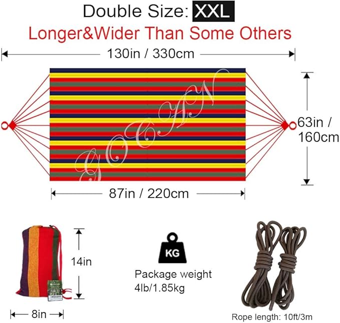 GOCAN Double Hammock 2 Person Extra Large 220x160cm Total Length 330cm Load 500lb Canvas Cotton Hammock for Patio Porch Garden Backyard Lounging Outdoor and Indoor with Removable Spreader bar