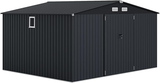 10x12FT Metal Storage Shed with Sloped Roof, Lockable Doors, Solar Light, Windows, and Vents, Outdoor Storage Sheds for Garden, Backyard, Patio Tools and Equipment