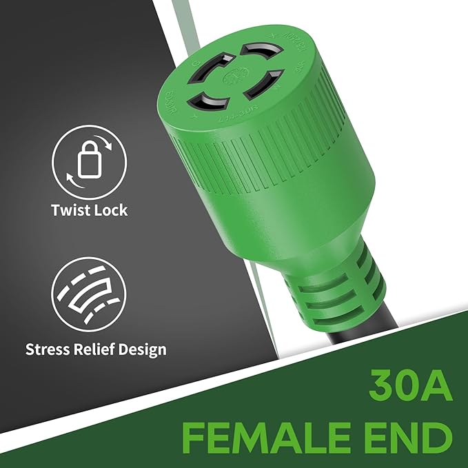 RVGUARD 30 Amp to 30 Amp Generator Adapter Cord 12 Inch STW, TT-30P Standard Male Plug to L14-30R Locking Female, Green